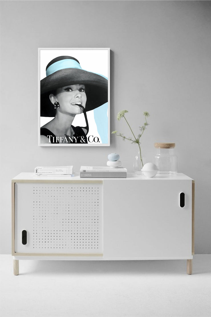 Audrey Hepburn Poster - Tiffany & Co Poster - Fashion Wall Art - Audrey Hepburn Blue Hat - Tiffany style -  Fashion Icon - Digital Art - Fashion Home Decor