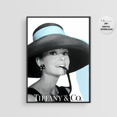 Audrey Hepburn Poster - Tiffany & Co Poster - Fashion Wall Art - Audrey Hepburn Blue Hat - Tiffany style -  Fashion Icon - Digital Art - Fashion Home Decor